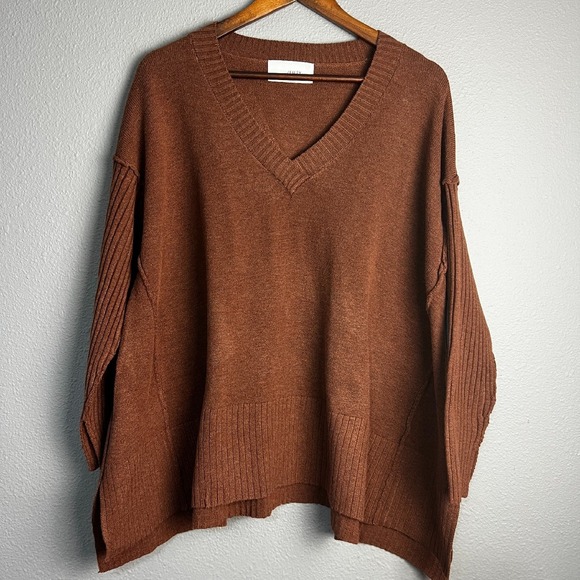 SIX/FIFTY Sweaters - SIX/FIFTY V-Kenzie V Neck Sweater Ribbed Knit Oversized‎ Tunic Pullover Brown L